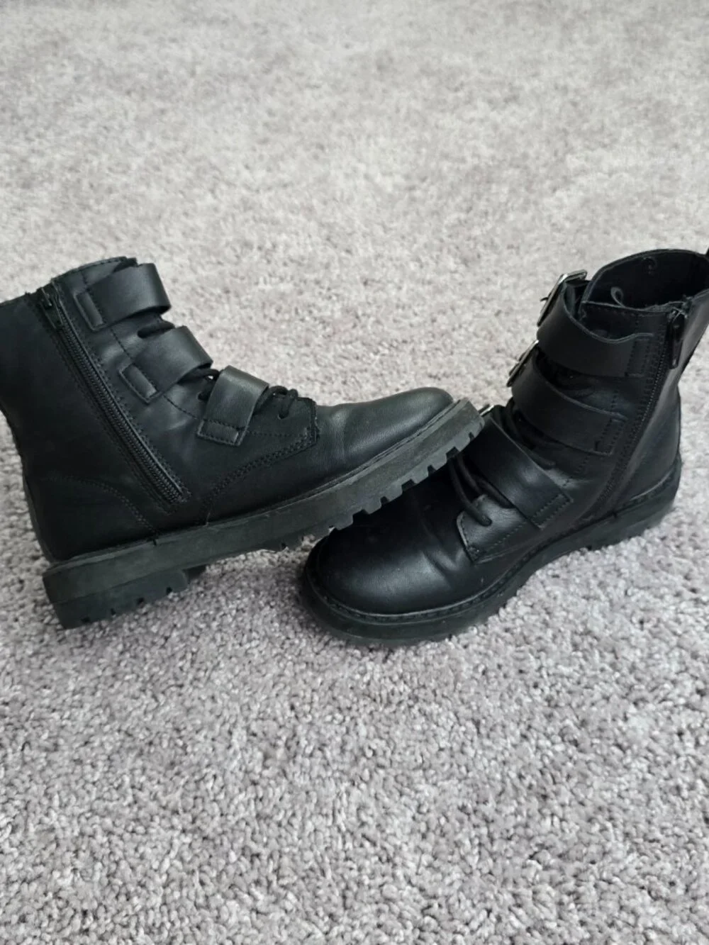 Zara Black Triple Buckle Combat Boots Faux Leather Moto Punk Goth Side Zip 34
